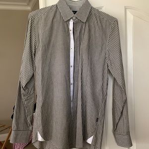 Plaid.  Dark green.  Dry cleaned and like new